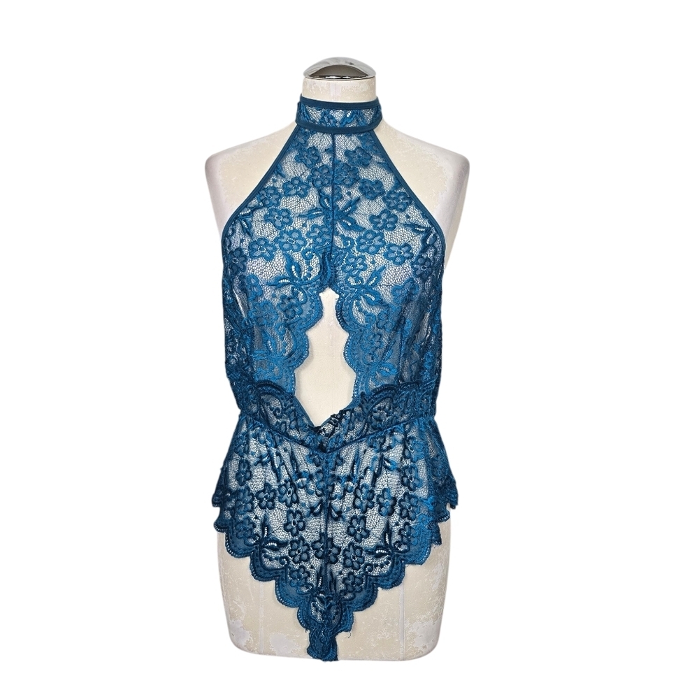 Blue Lace Cut Out Open Back Halter Bodysuit 2XL